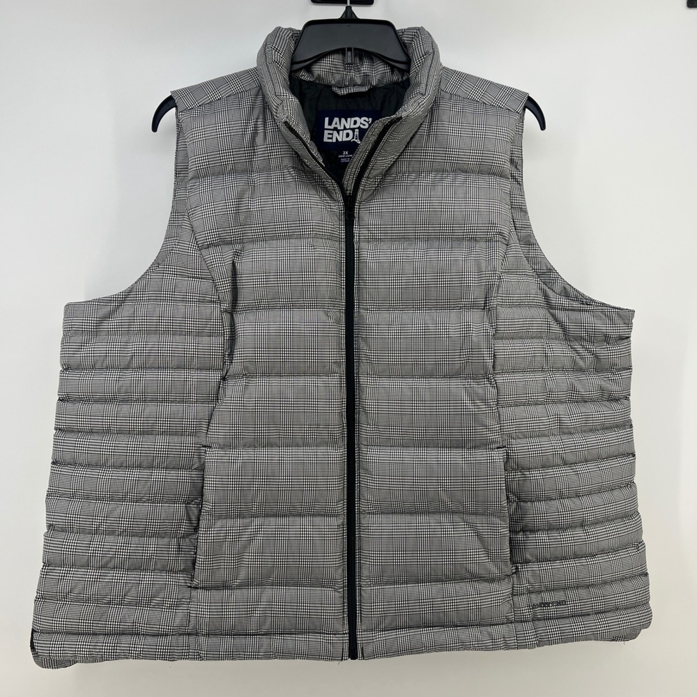 Lands End Womens 2X Puffer Vest Black White Houndstooth Down‎ Insulated Quilted